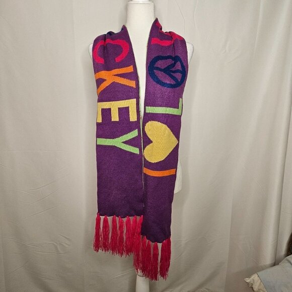 Disney Mickey Mouse Multicolored Long Scarf, Reversible Sides Peace Love Fringe - Picture 2 of 7